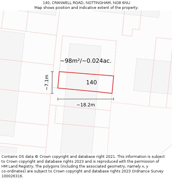 140, CRANWELL ROAD, NOTTINGHAM, NG8 6NU: Plot and title map