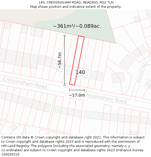 140, CRESSINGHAM ROAD, READING, RG2 7LN: Plot and title map