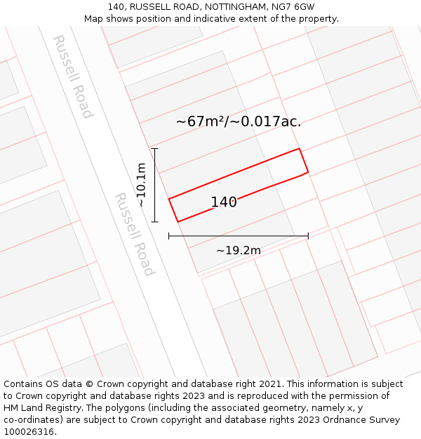 140, RUSSELL ROAD, NOTTINGHAM, NG7 6GW: Plot and title map