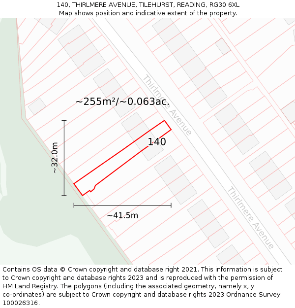 140, THIRLMERE AVENUE, TILEHURST, READING, RG30 6XL: Plot and title map
