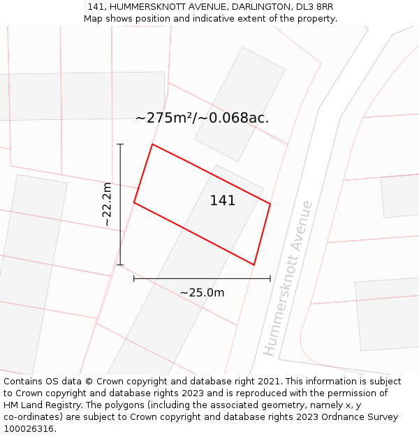 141, HUMMERSKNOTT AVENUE, DARLINGTON, DL3 8RR: Plot and title map