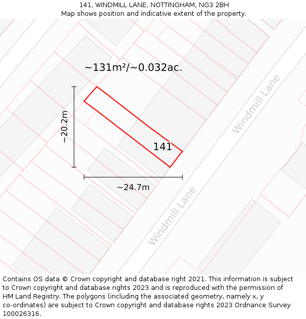 141, WINDMILL LANE, NOTTINGHAM, NG3 2BH: Plot and title map
