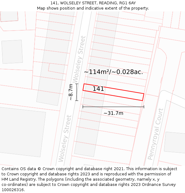 141, WOLSELEY STREET, READING, RG1 6AY: Plot and title map