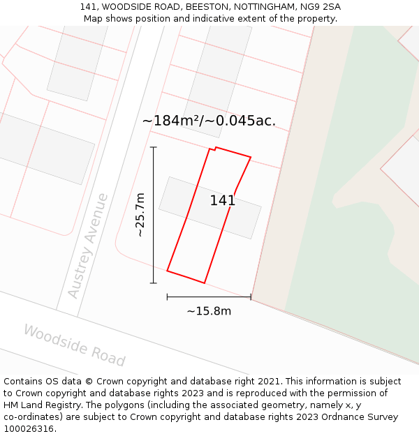 141, WOODSIDE ROAD, BEESTON, NOTTINGHAM, NG9 2SA: Plot and title map