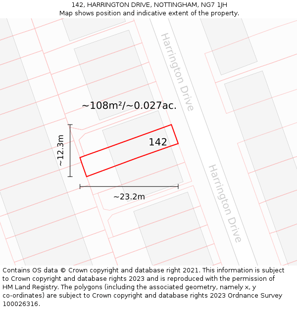 142, HARRINGTON DRIVE, NOTTINGHAM, NG7 1JH: Plot and title map