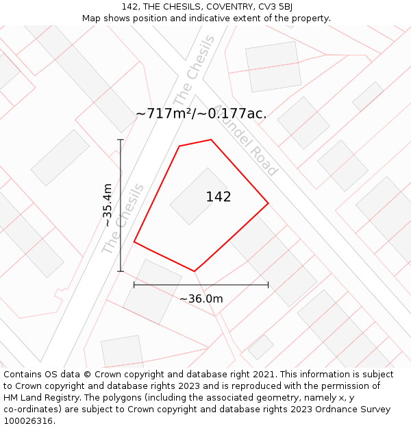142, THE CHESILS, COVENTRY, CV3 5BJ: Plot and title map