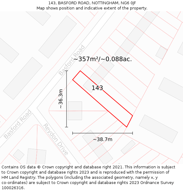 143, BASFORD ROAD, NOTTINGHAM, NG6 0JF: Plot and title map