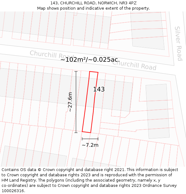 143, CHURCHILL ROAD, NORWICH, NR3 4PZ: Plot and title map