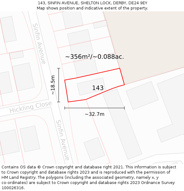 143, SINFIN AVENUE, SHELTON LOCK, DERBY, DE24 9EY: Plot and title map