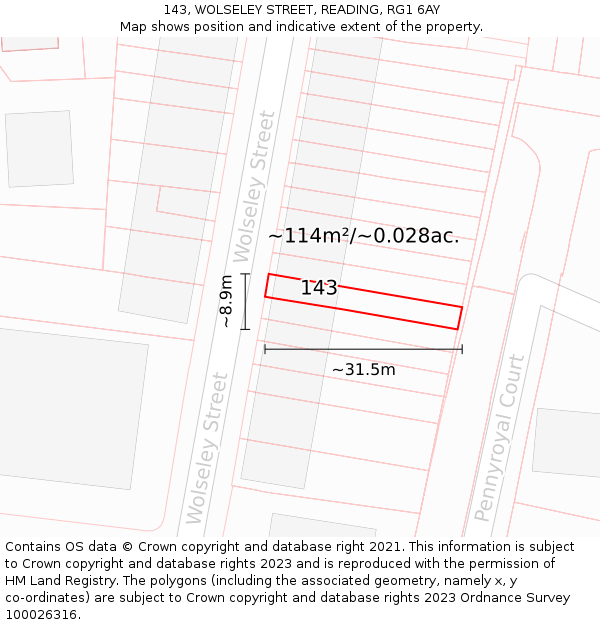 143, WOLSELEY STREET, READING, RG1 6AY: Plot and title map