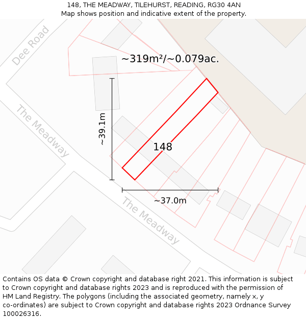 148, THE MEADWAY, TILEHURST, READING, RG30 4AN: Plot and title map
