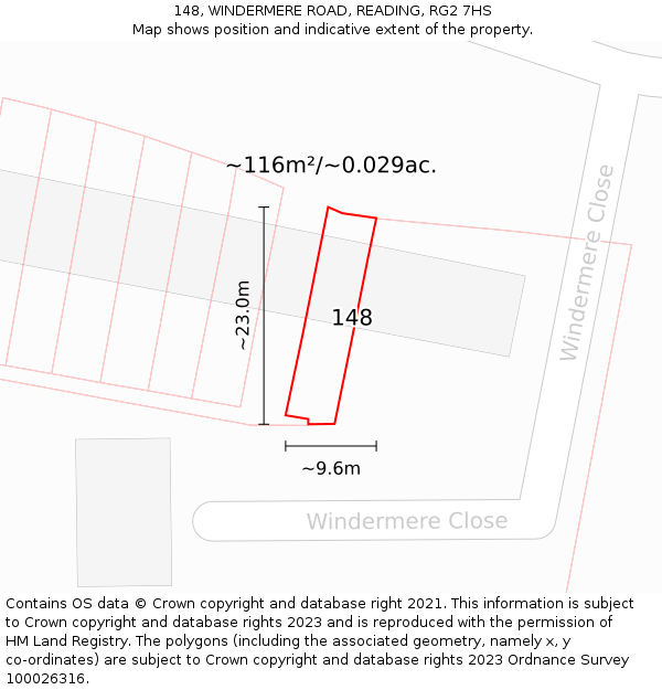 148, WINDERMERE ROAD, READING, RG2 7HS: Plot and title map
