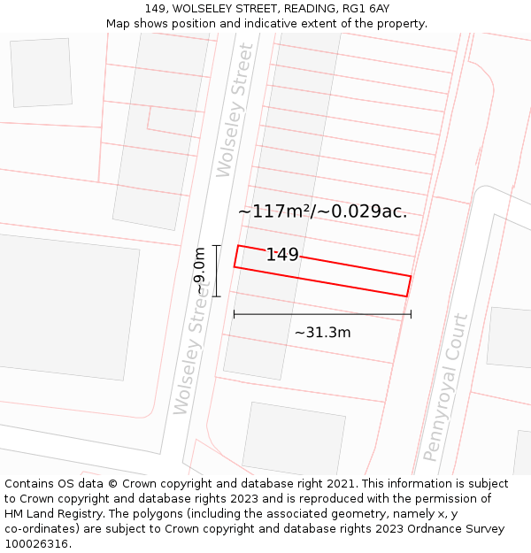 149, WOLSELEY STREET, READING, RG1 6AY: Plot and title map