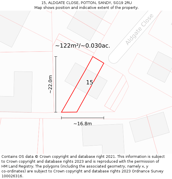 15, ALDGATE CLOSE, POTTON, SANDY, SG19 2RU: Plot and title map