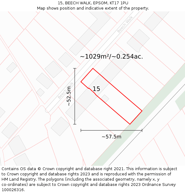 15, BEECH WALK, EPSOM, KT17 1PU: Plot and title map