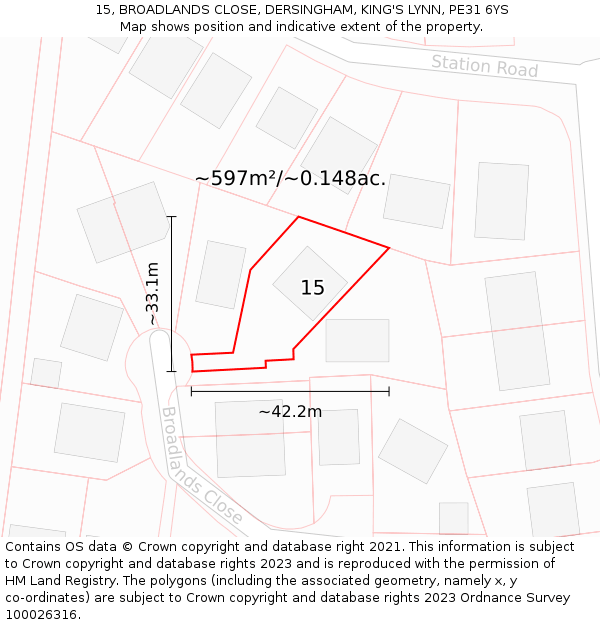 15, BROADLANDS CLOSE, DERSINGHAM, KING'S LYNN, PE31 6YS: Plot and title map