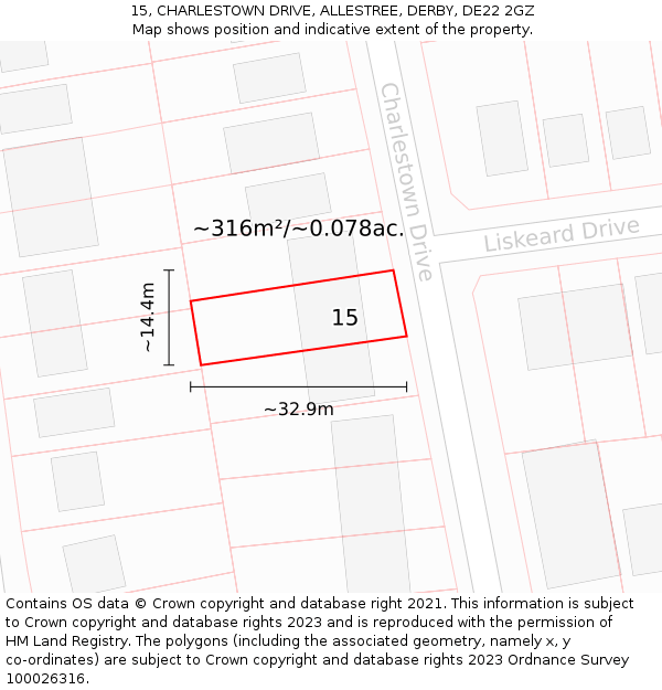 15, CHARLESTOWN DRIVE, ALLESTREE, DERBY, DE22 2GZ: Plot and title map