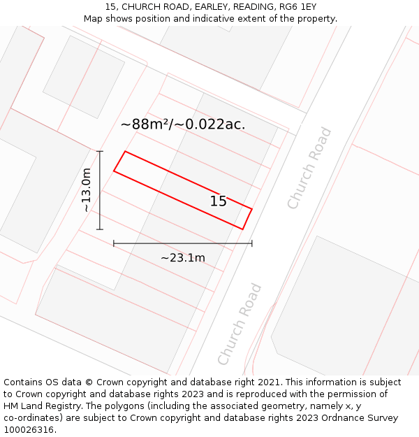 15, CHURCH ROAD, EARLEY, READING, RG6 1EY: Plot and title map