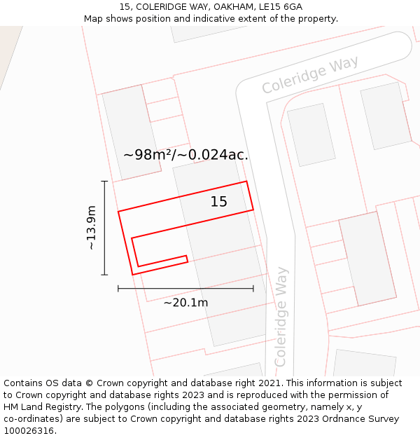 15, COLERIDGE WAY, OAKHAM, LE15 6GA: Plot and title map
