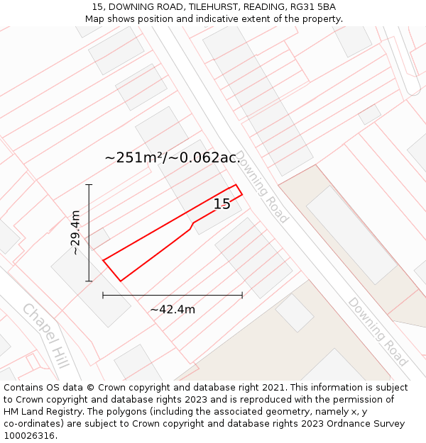 15, DOWNING ROAD, TILEHURST, READING, RG31 5BA: Plot and title map