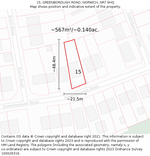 15, GREENBOROUGH ROAD, NORWICH, NR7 9HQ: Plot and title map