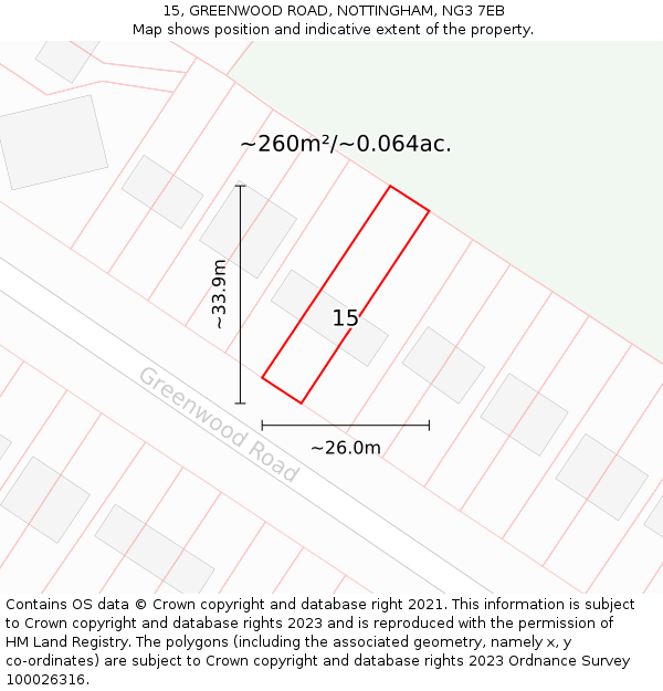 15, GREENWOOD ROAD, NOTTINGHAM, NG3 7EB: Plot and title map