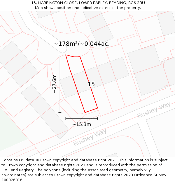 15, HARRINGTON CLOSE, LOWER EARLEY, READING, RG6 3BU: Plot and title map
