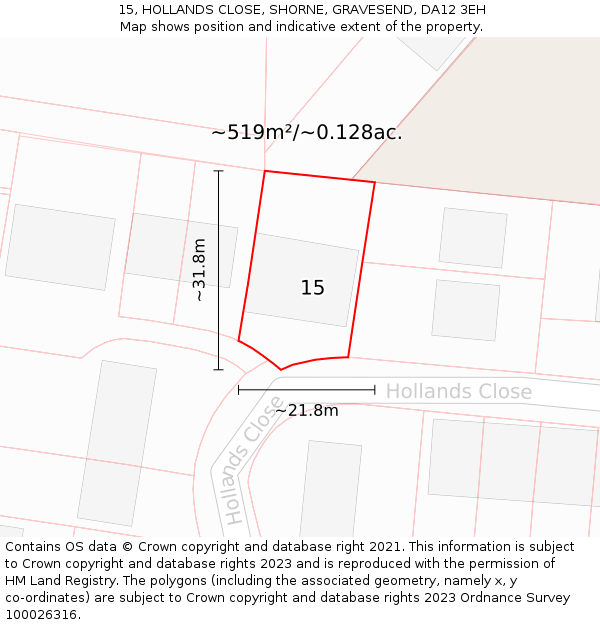 15, HOLLANDS CLOSE, SHORNE, GRAVESEND, DA12 3EH: Plot and title map