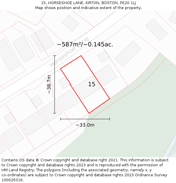 15, HORSESHOE LANE, KIRTON, BOSTON, PE20 1LJ: Plot and title map