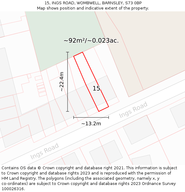 15, INGS ROAD, WOMBWELL, BARNSLEY, S73 0BP: Plot and title map
