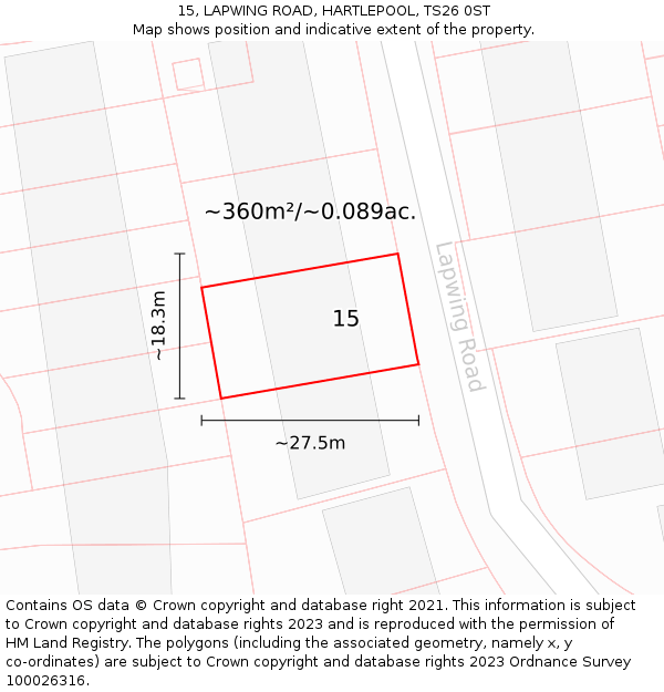 15, LAPWING ROAD, HARTLEPOOL, TS26 0ST: Plot and title map