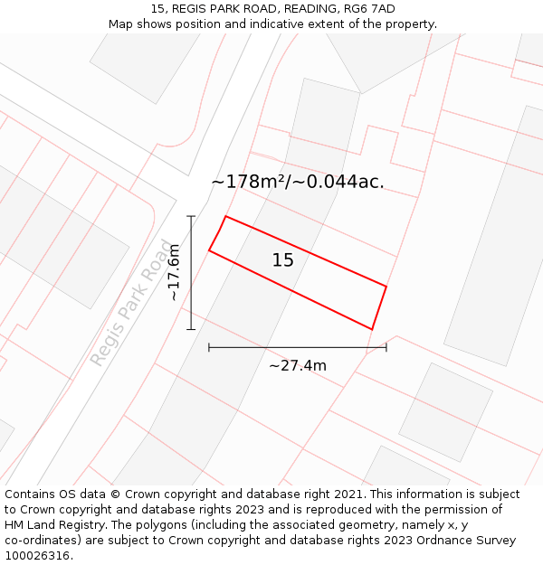 15, REGIS PARK ROAD, READING, RG6 7AD: Plot and title map