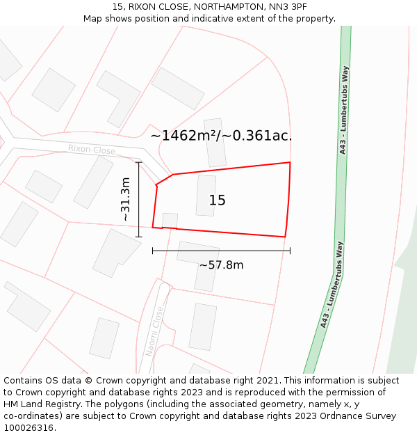 15, RIXON CLOSE, NORTHAMPTON, NN3 3PF: Plot and title map