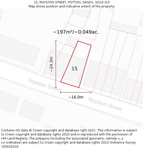 15, ROYSTON STREET, POTTON, SANDY, SG19 2LP: Plot and title map