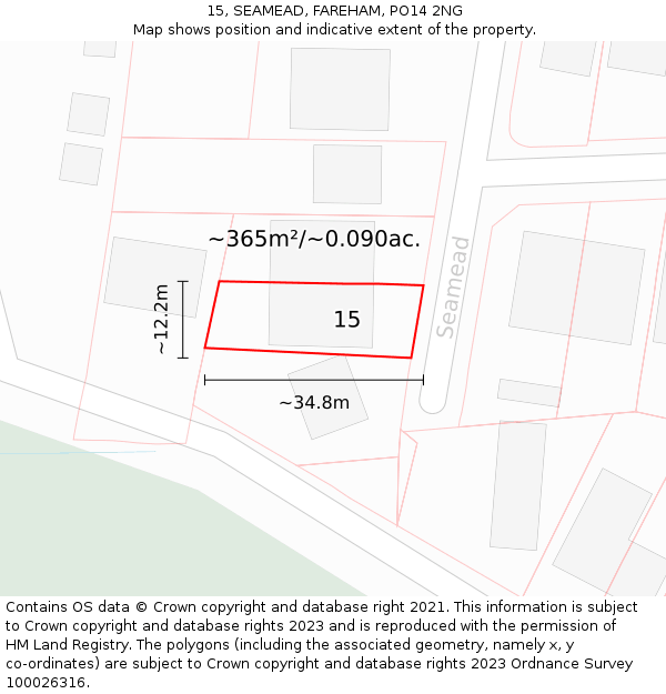 15, SEAMEAD, FAREHAM, PO14 2NG: Plot and title map