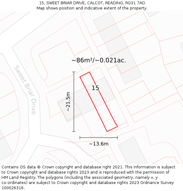 15, SWEET BRIAR DRIVE, CALCOT, READING, RG31 7AD: Plot and title map