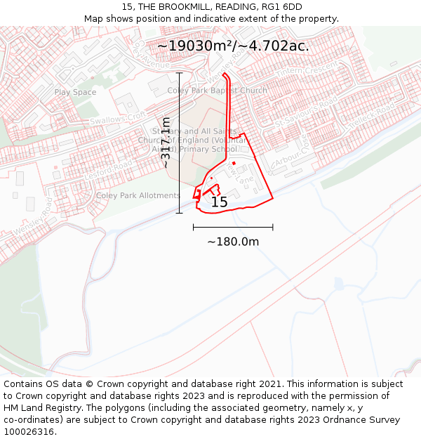 15, THE BROOKMILL, READING, RG1 6DD: Plot and title map