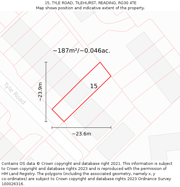 15, TYLE ROAD, TILEHURST, READING, RG30 4TE: Plot and title map