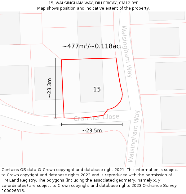 15, WALSINGHAM WAY, BILLERICAY, CM12 0YE: Plot and title map
