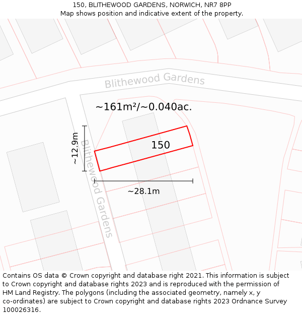 150, BLITHEWOOD GARDENS, NORWICH, NR7 8PP: Plot and title map