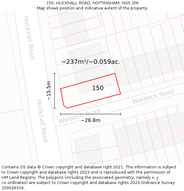 150, HUCKNALL ROAD, NOTTINGHAM, NG5 1FA: Plot and title map