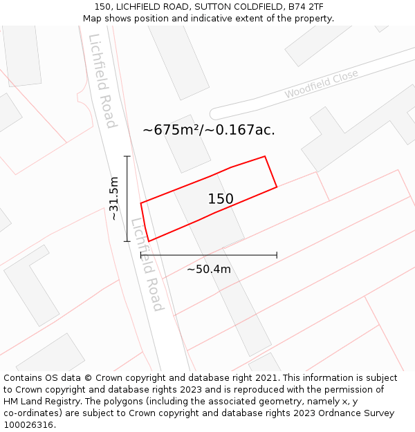 150, LICHFIELD ROAD, SUTTON COLDFIELD, B74 2TF: Plot and title map