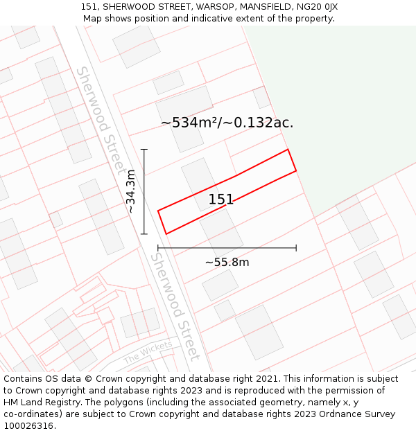 151, SHERWOOD STREET, WARSOP, MANSFIELD, NG20 0JX: Plot and title map