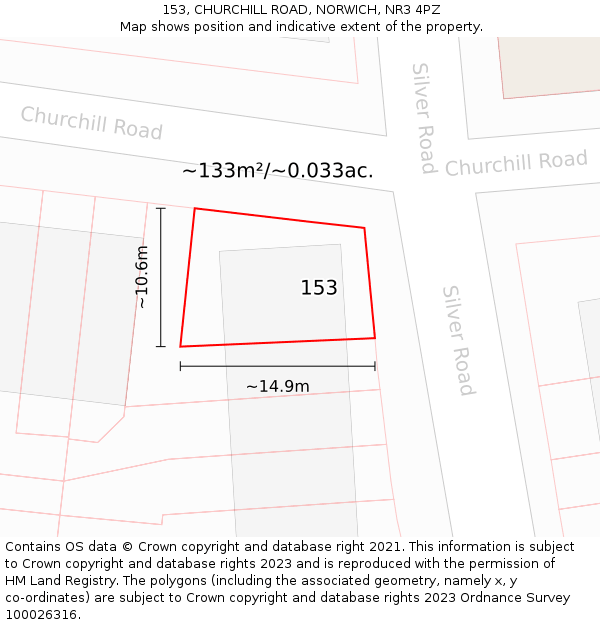 153, CHURCHILL ROAD, NORWICH, NR3 4PZ: Plot and title map