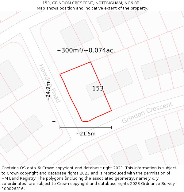 153, GRINDON CRESCENT, NOTTINGHAM, NG6 8BU: Plot and title map