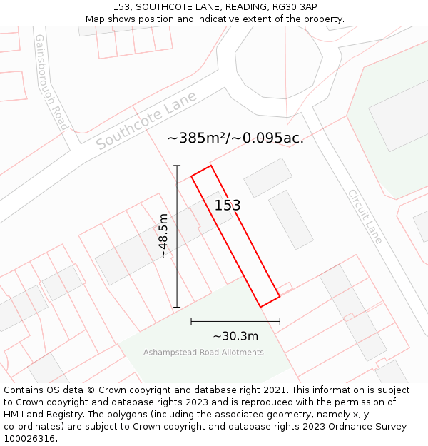 153, SOUTHCOTE LANE, READING, RG30 3AP: Plot and title map