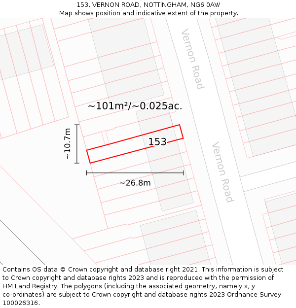 153, VERNON ROAD, NOTTINGHAM, NG6 0AW: Plot and title map