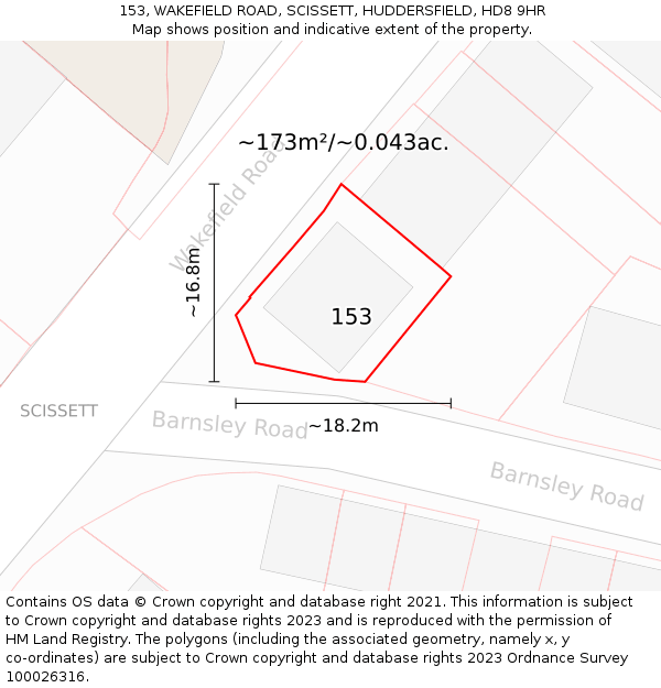 153, WAKEFIELD ROAD, SCISSETT, HUDDERSFIELD, HD8 9HR: Plot and title map