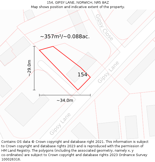 154, GIPSY LANE, NORWICH, NR5 8AZ: Plot and title map
