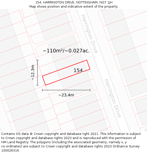 154, HARRINGTON DRIVE, NOTTINGHAM, NG7 1JH: Plot and title map
